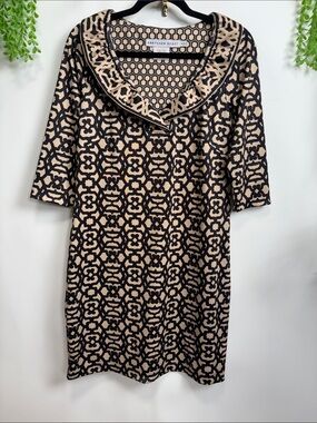 Gretchen Scott Designs Black and Tan Geometric Ruffle Collar Midi Dress